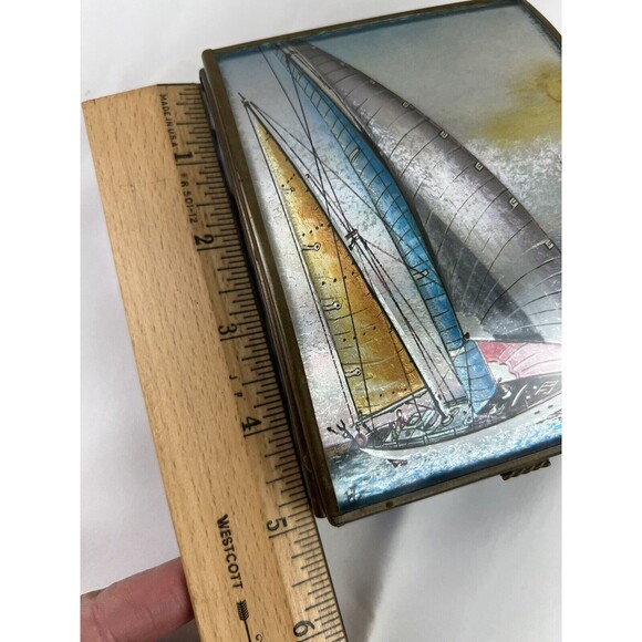 Vtg Via Vermont Sailboat Jewelry Trinket Box Cobalt Blue Glass Mirrored Brass - Picture 10 of 12